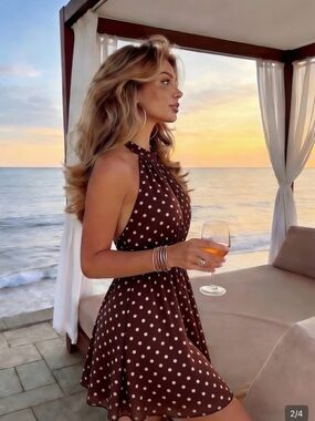 Plameo Women's Brown Polka Dot Halter Dress - Elegant Summer Style